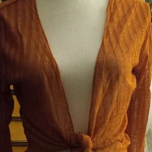 New,copper orange sheer mesh tie-front bolero shrug cardigan,3/4 sleeves,size m.